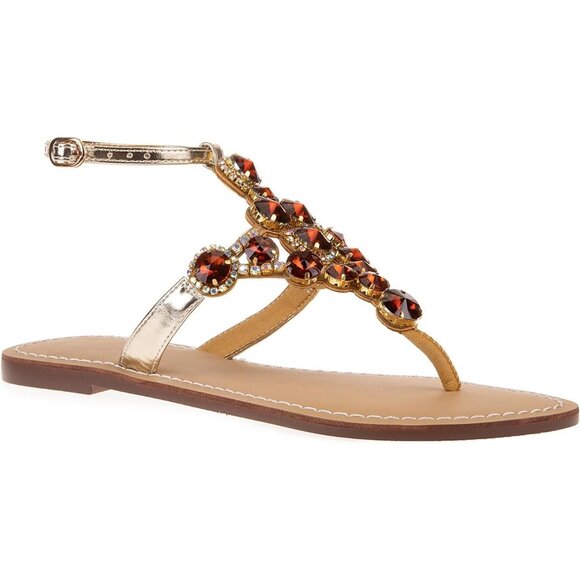 Women's Rhinestone Brown Upper Flat T Strap Thong Flip Flop Sandals Shoes - Picture 3 of 5